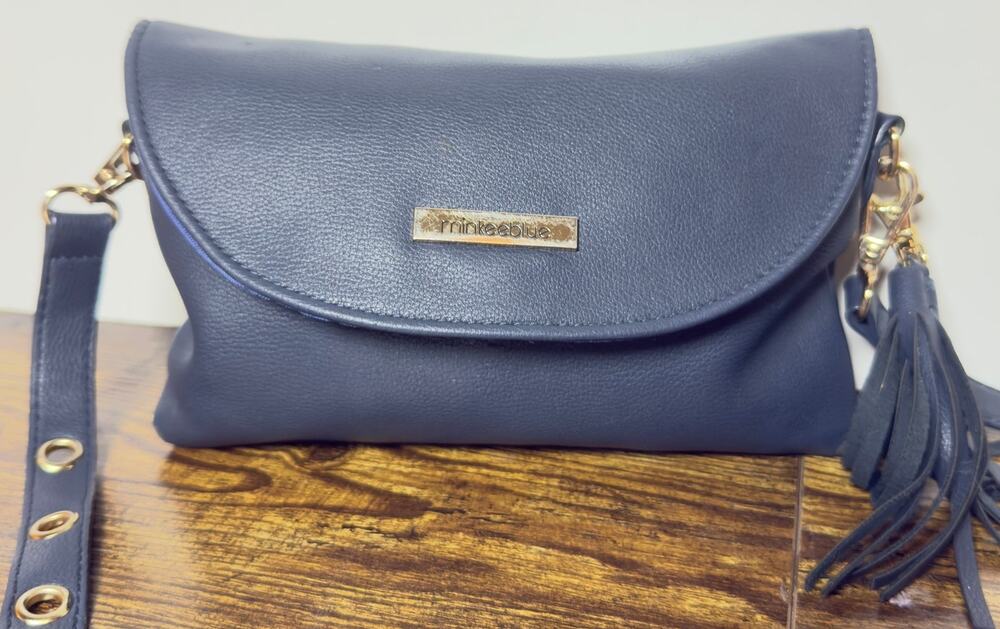 minkeeblue Navy Leather Crossbody Bag Gold Hardware Tassel Detail